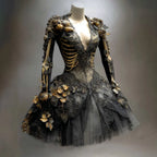 Gothic Mini Dress Long-Sleeve Skeletal Appliqué Floral Accents