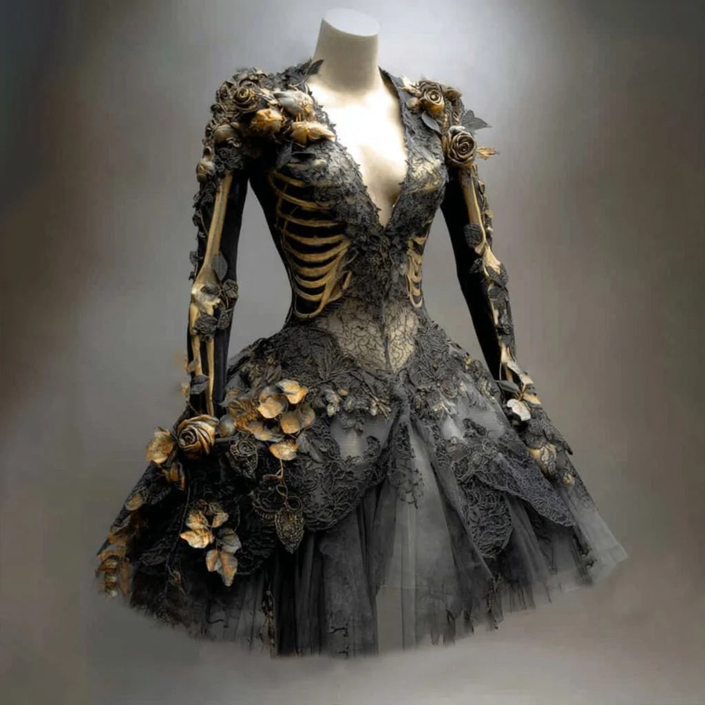 Gothic Mini Dress Long-Sleeve Skeletal Appliqué Floral Accents