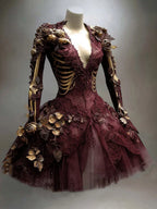 Gothic Mini Dress Long-Sleeve Skeletal Appliqué Floral Accents