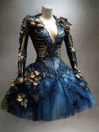 Gothic Mini Dress Long-Sleeve Skeletal Appliqué Floral Accents