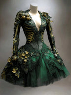 Gothic Mini Dress Long-Sleeve Skeletal Appliqué Floral Accents