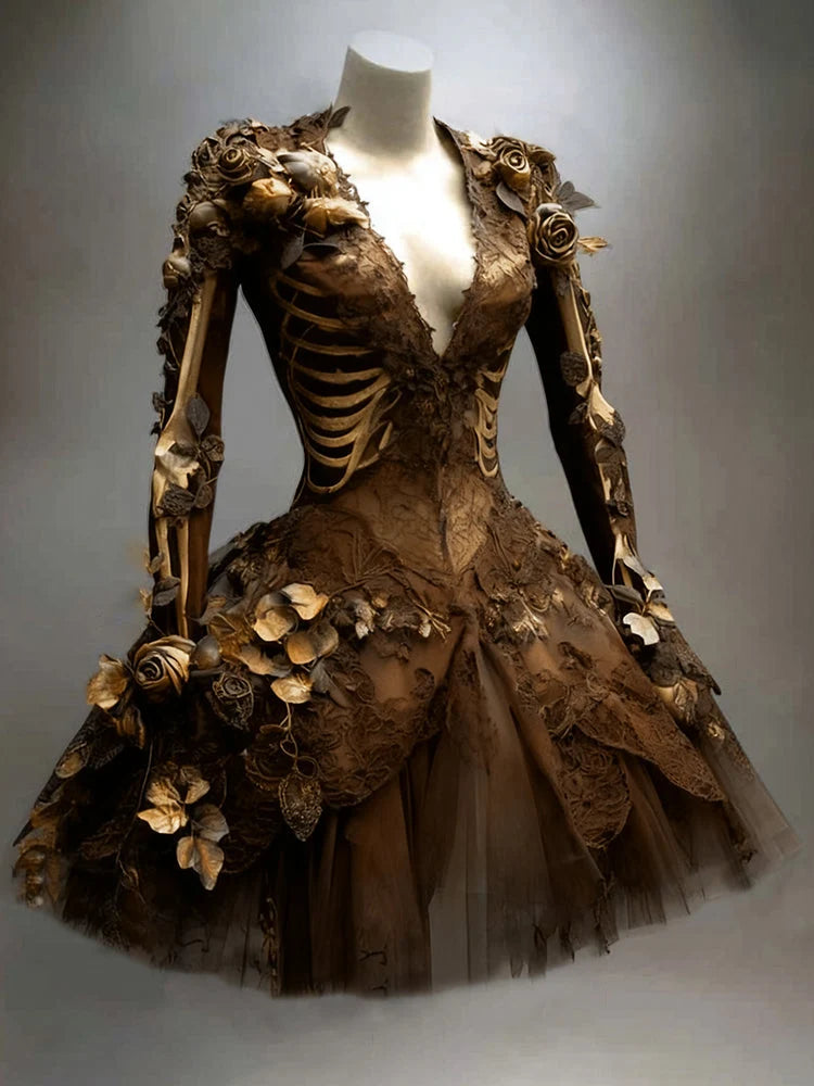Gothic Mini Dress Long-Sleeve Skeletal Appliqué Floral Accents