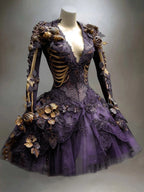 Gothic Mini Dress Long-Sleeve Skeletal Appliqué Floral Accents