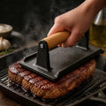 Grill Press Heavy Cast Iron Pre-Seasoned Beechwood Handle