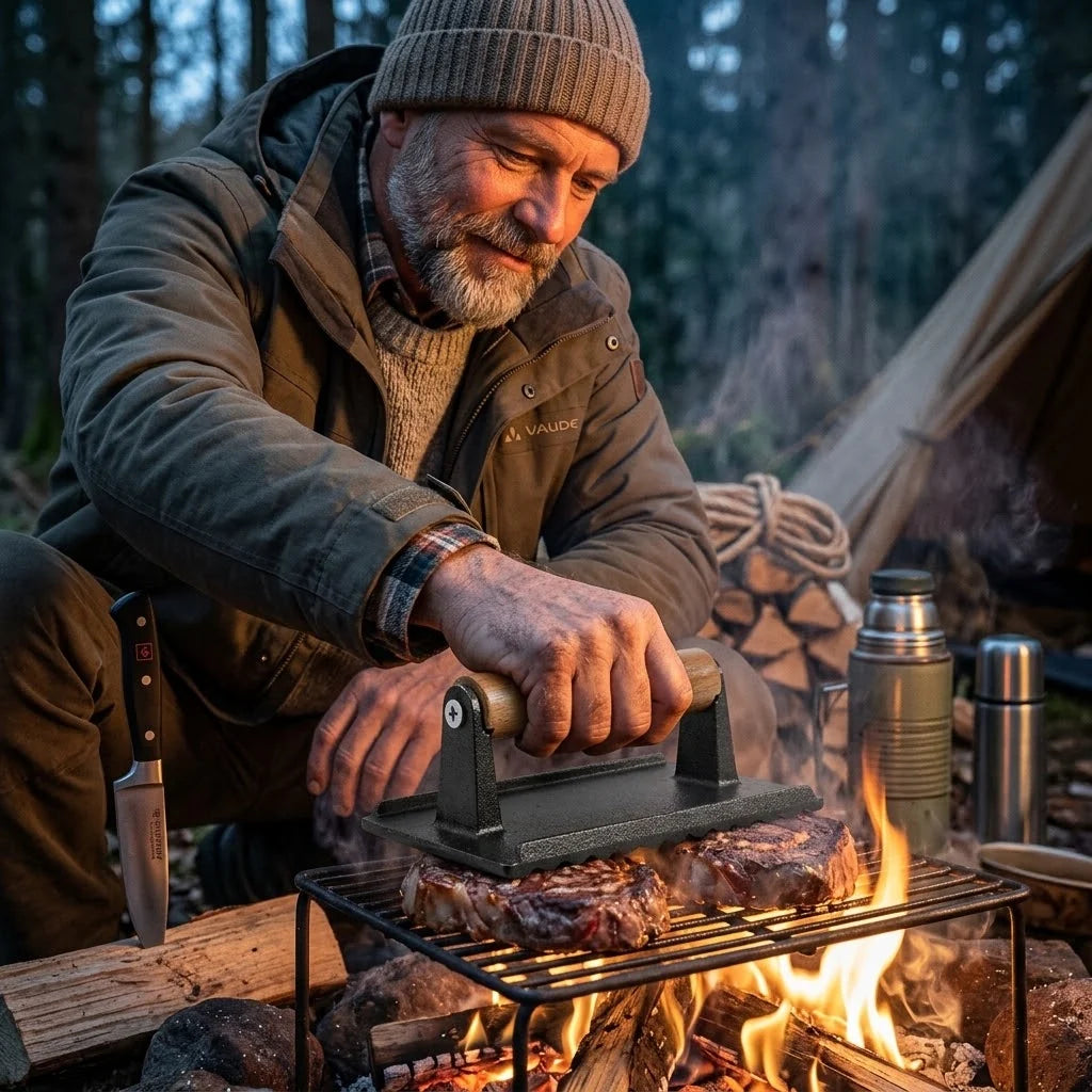 Grill Press Heavy Cast Iron Pre-Seasoned Beechwood Handle