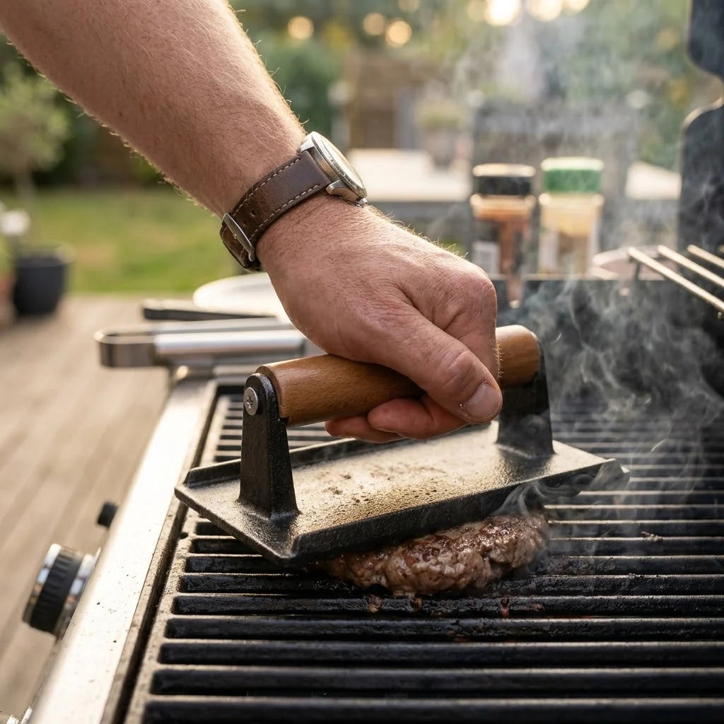 Grill Press Heavy Cast Iron Pre-Seasoned Beechwood Handle