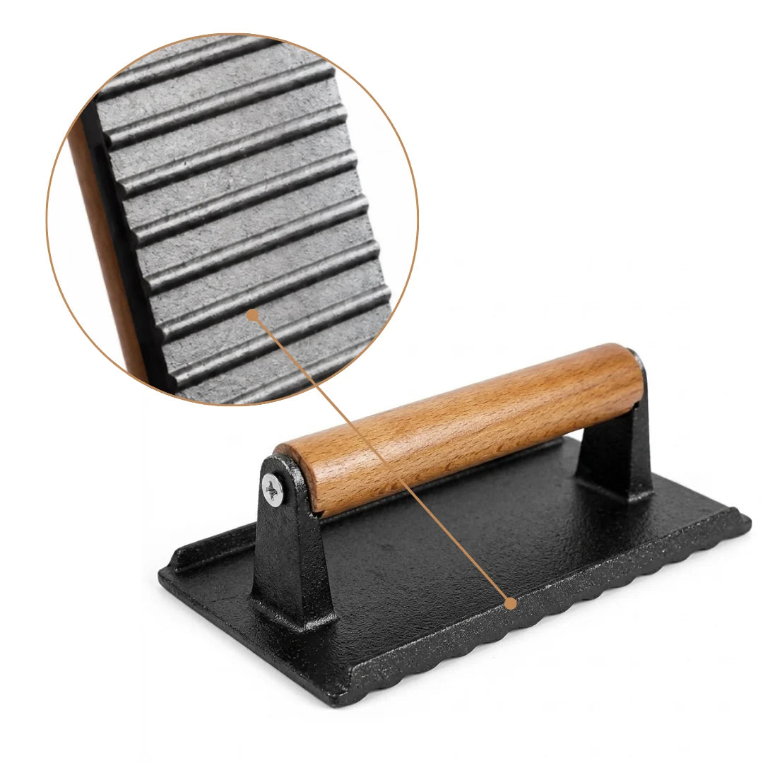 Grill Press Heavy Cast Iron Pre-Seasoned Beechwood Handle
