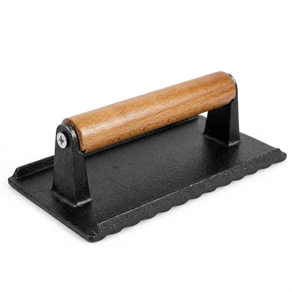 Grill Press Heavy Cast Iron Pre-Seasoned Beechwood Handle