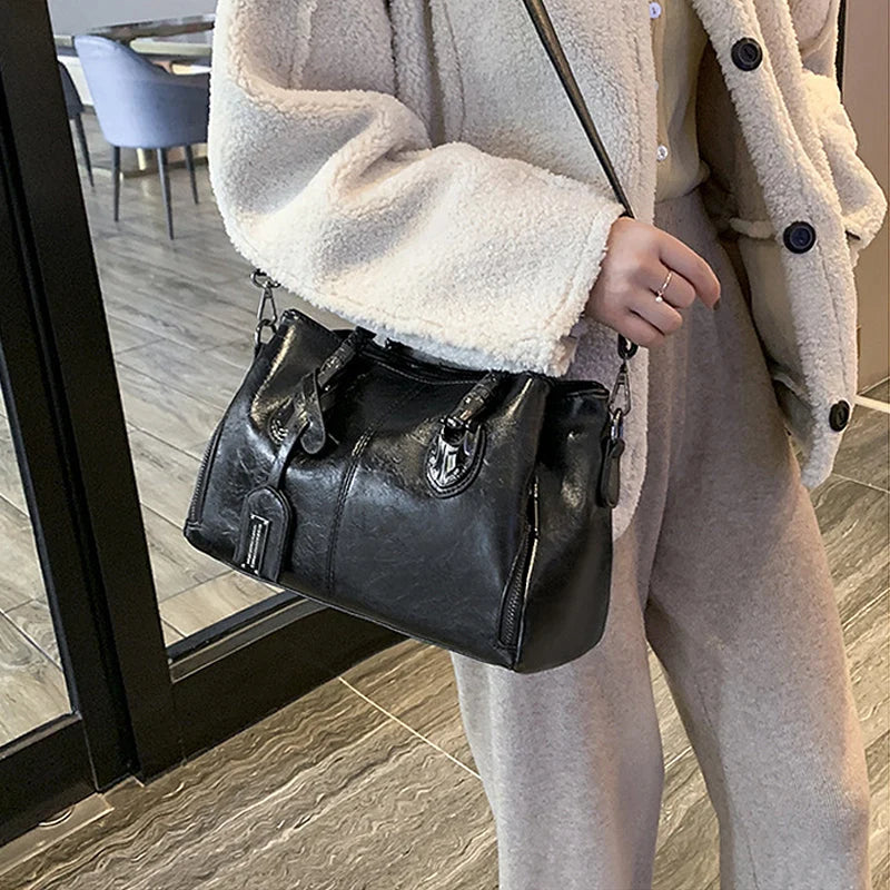 Handbag Large Soft Oiled Wax Leather Adjustable Strap