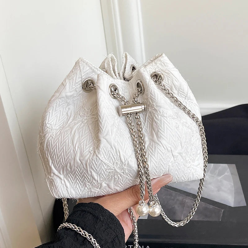 Handbag Satin Drawstring Closure Pearl Chain Details