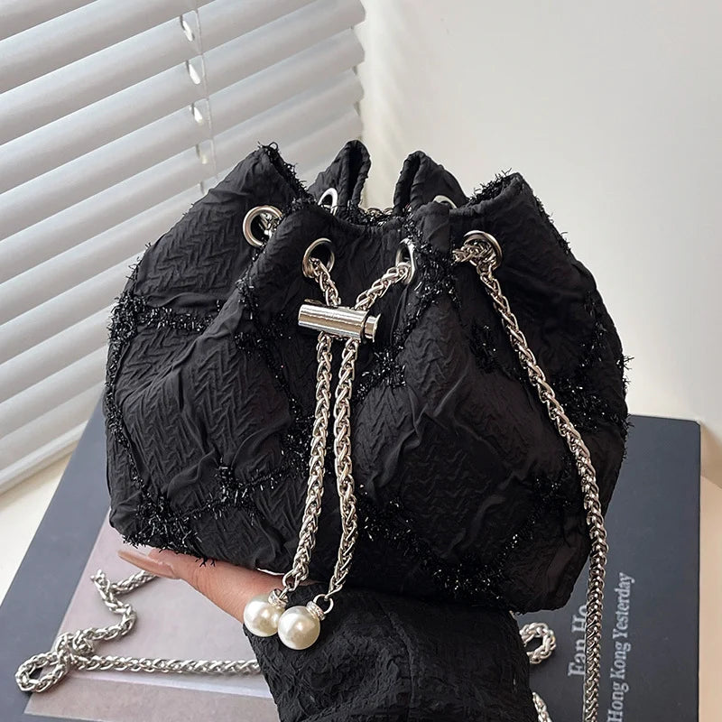 Handbag Satin Drawstring Closure Pearl Chain Details