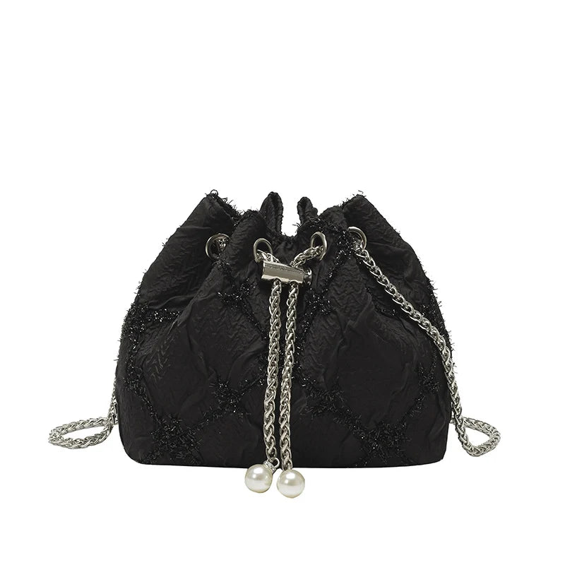 Handbag Satin Drawstring Closure Pearl Chain Details