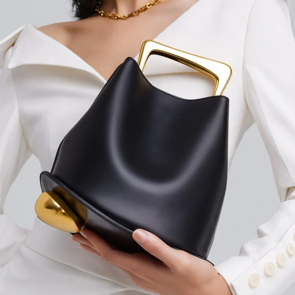 Handbag Sculptural Faux Leather Gold-Plated Handle