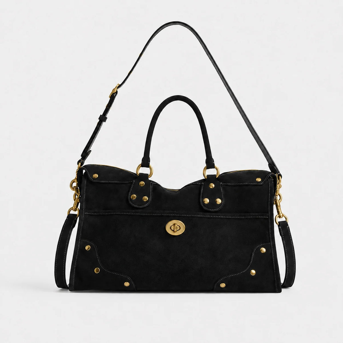 Handbag Suede Adjustable Shoulder Strap Brass Accents