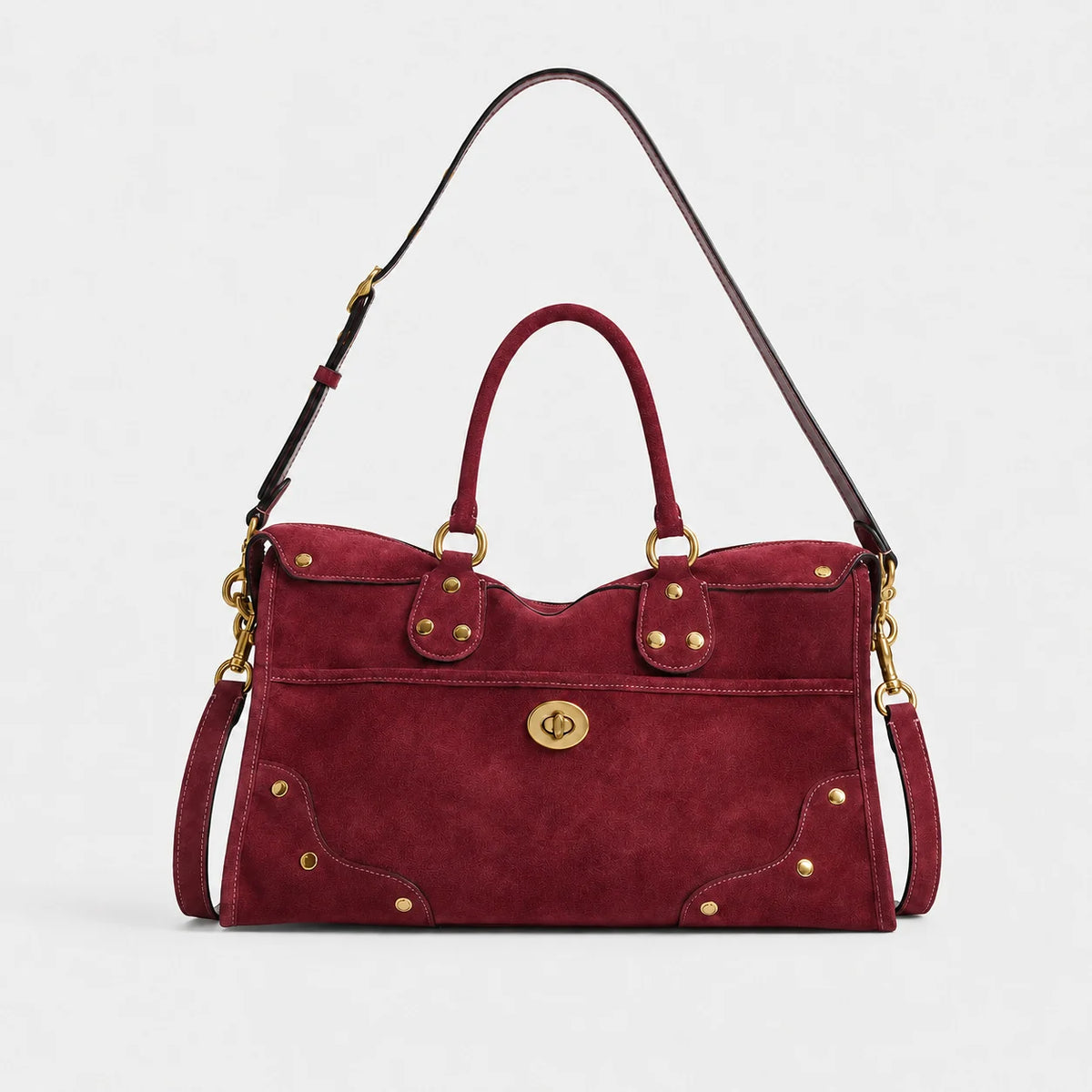 Handbag Suede Adjustable Shoulder Strap Brass Accents