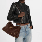 Handbag Suede Adjustable Shoulder Strap Brass Accents