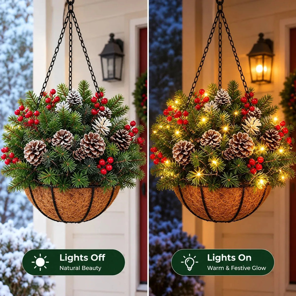 Hanging Basket Artificial Evergreen Warm White LED Lights Battery-Powered