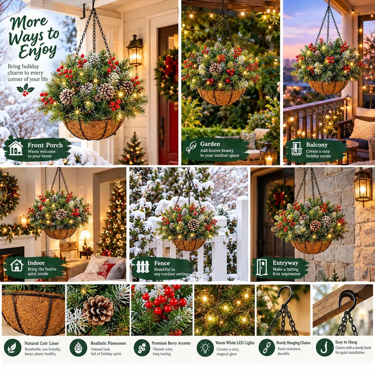 Hanging Basket Artificial Evergreen Warm White LED Lights Battery-Powered