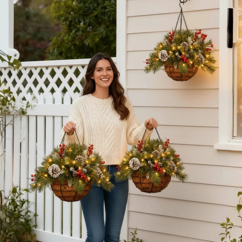 Hanging Basket Artificial Evergreen Warm White LED Lights Battery-Powered