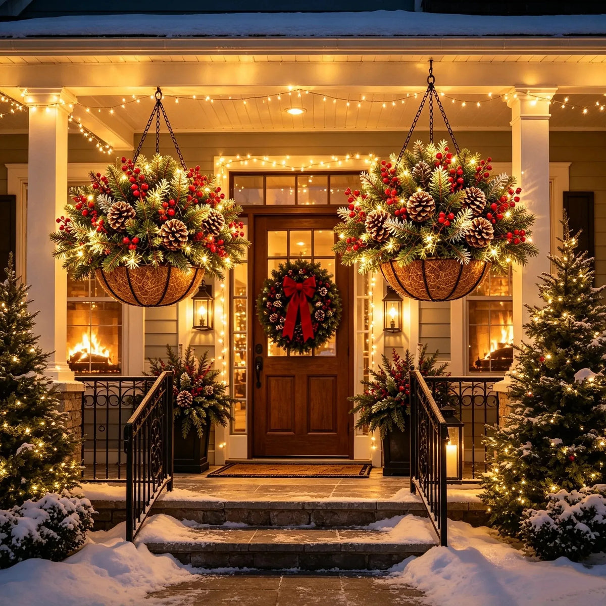 Hanging Christmas Basket Artificial Evergreen Battery-Powered LED Lights