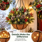 Hanging Christmas Basket Artificial Evergreen Battery-Powered LED Lights