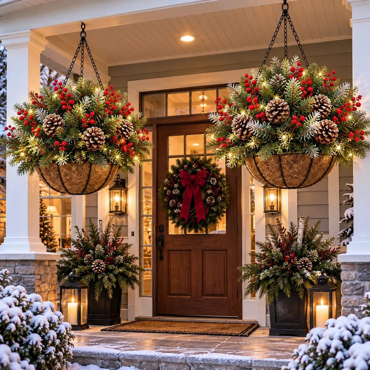 Hanging Christmas Basket Artificial Evergreen Battery-Powered LED Lights