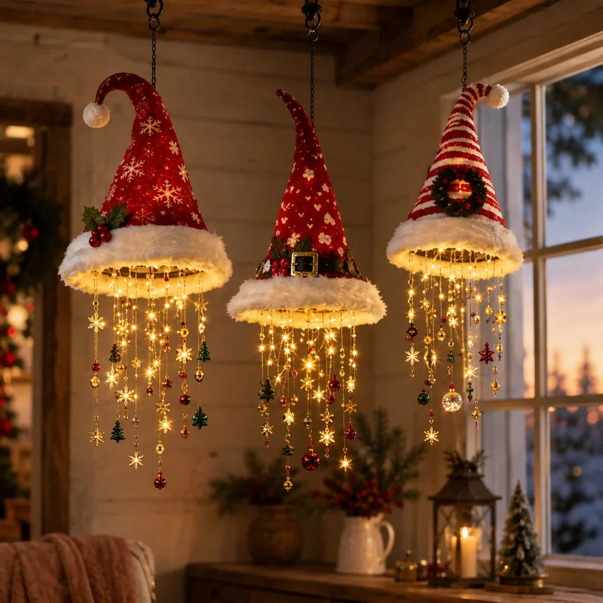 Hanging Christmas Hat Warm LED & Sparkling Pendants