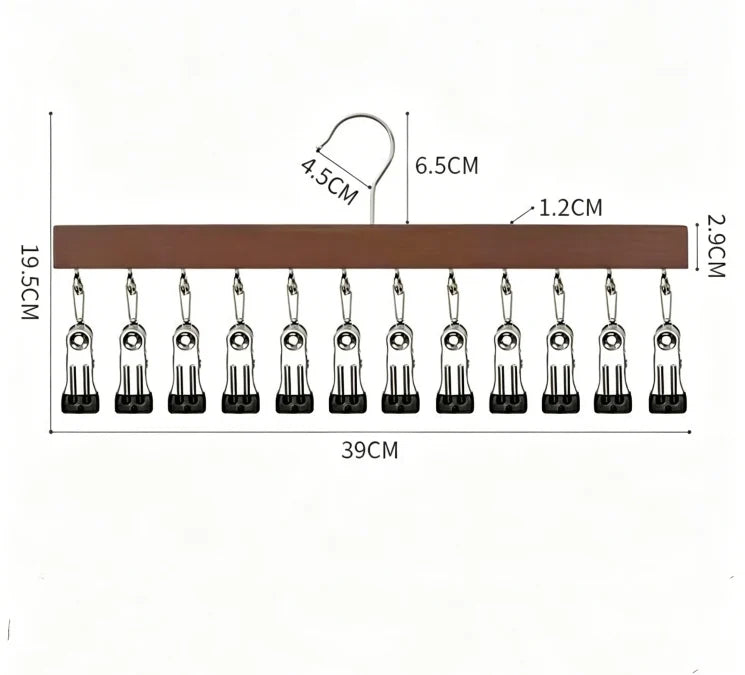 Hat Organizer Wooden Wall Mount 12 Stainless Steel Clips
