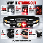 Headlamp 1000 Lumens Rechargeable Red Light