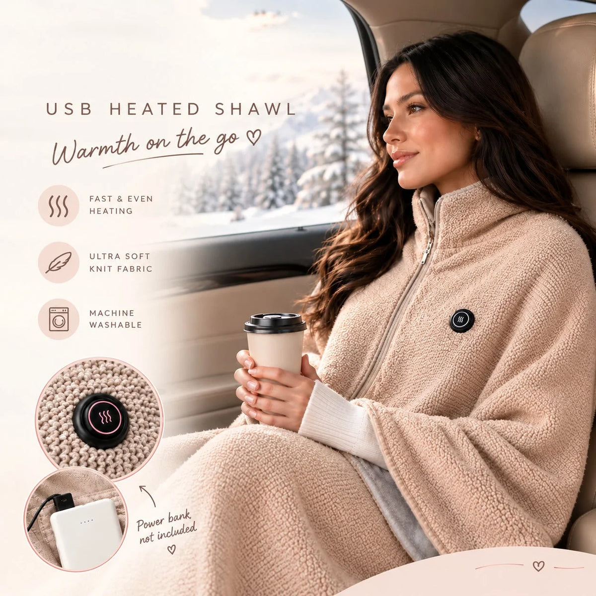 Heated Wrap Blanket USB-Powered 3 Heat Settings Machine-Washable