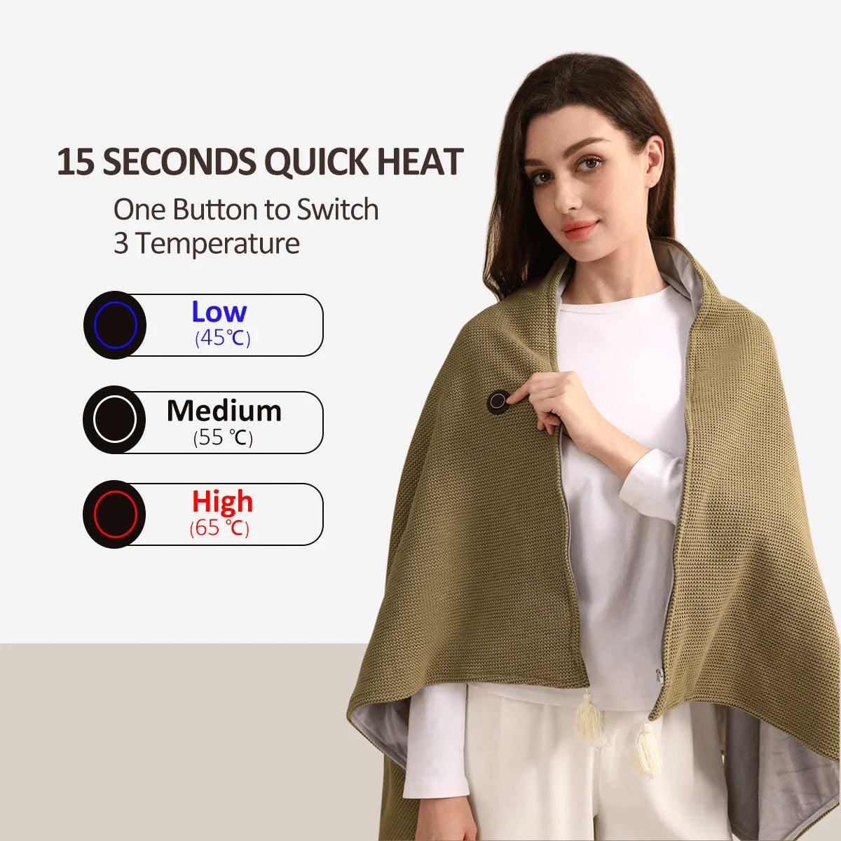 Heated Wrap Blanket USB-Powered 3 Heat Settings Machine-Washable