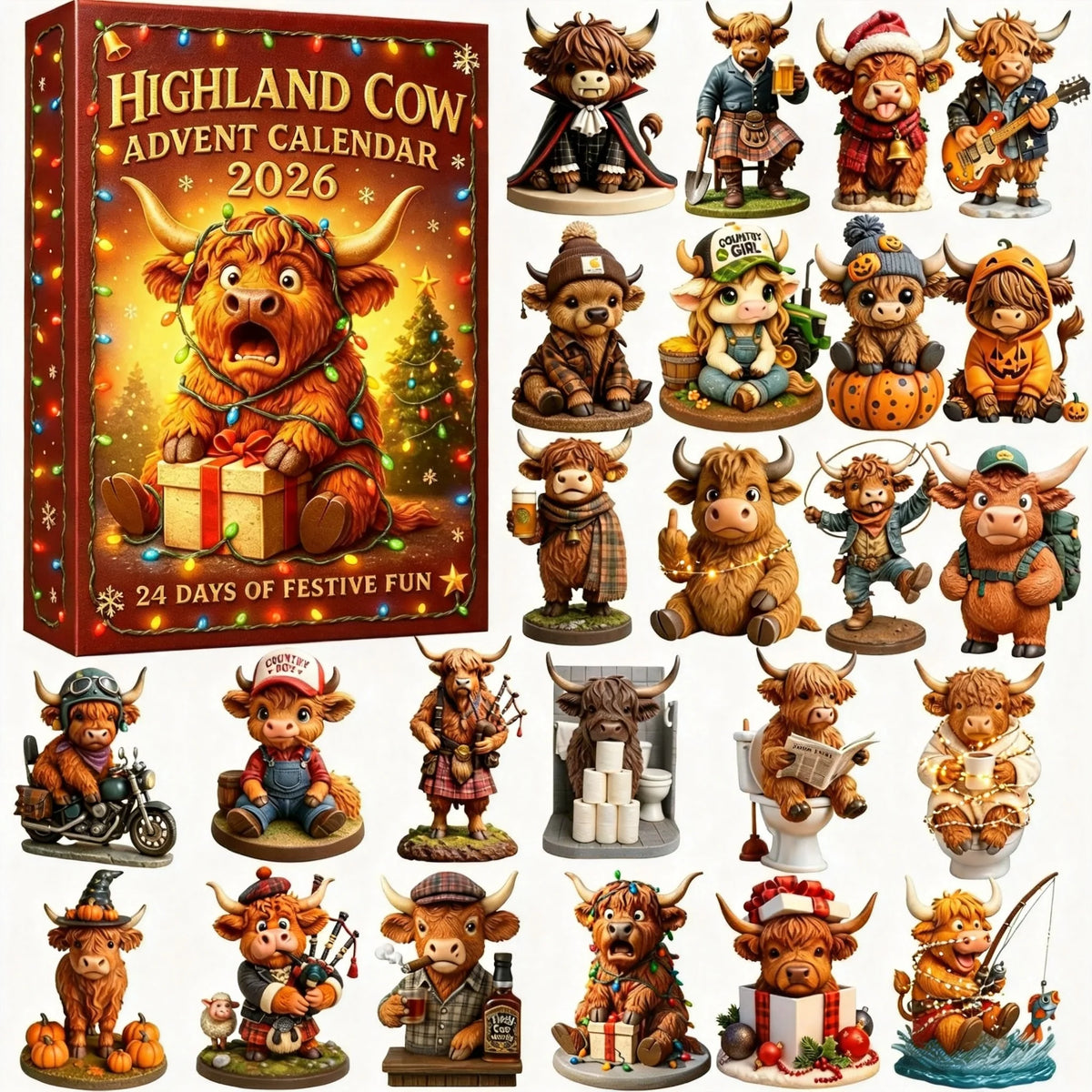 Highland Cow Advent Calendar 24 Resin Figures Festive Designs