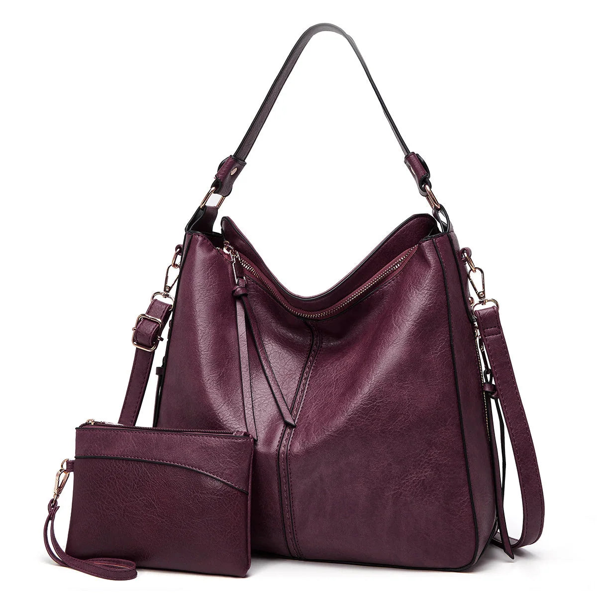 Hobo Handbag Water-Resistant Leather Hidden Anti-Theft Pocket & Matching Pouch
