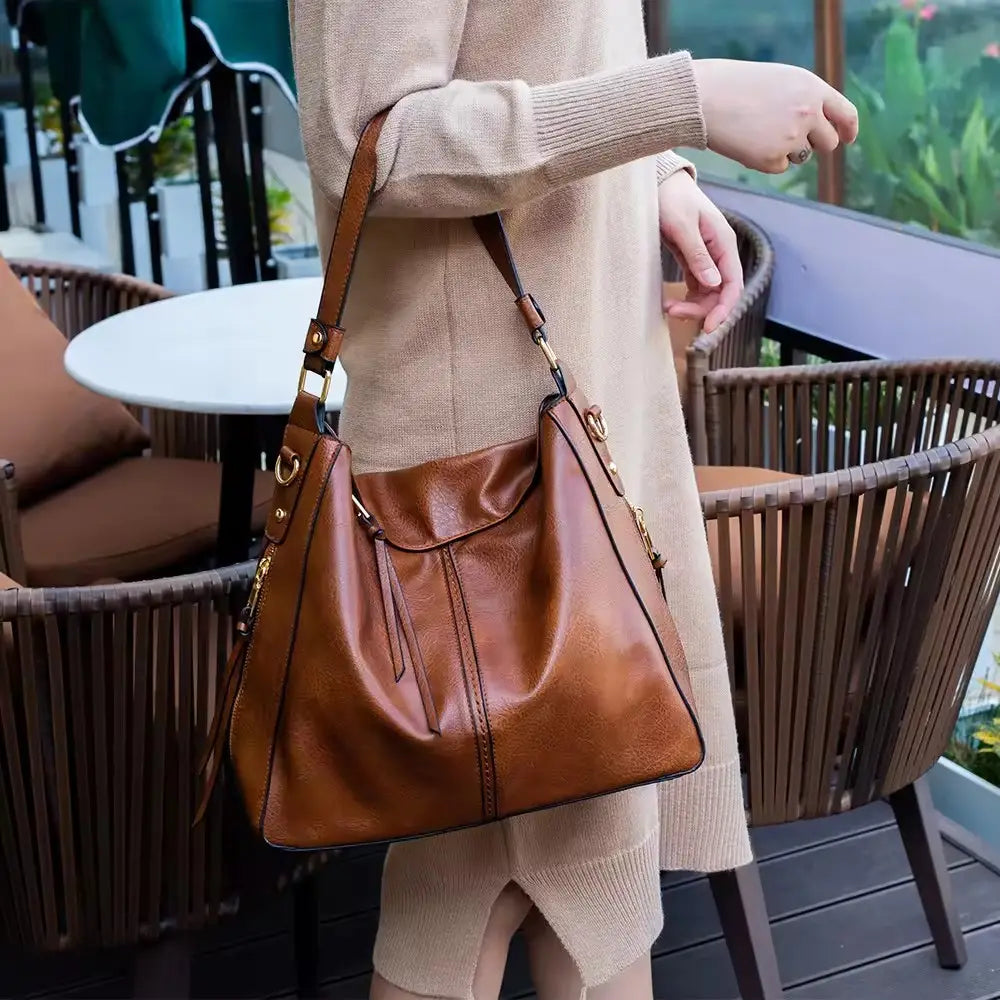 Hobo Handbag Water-Resistant Leather Hidden Anti-Theft Pocket & Matching Pouch