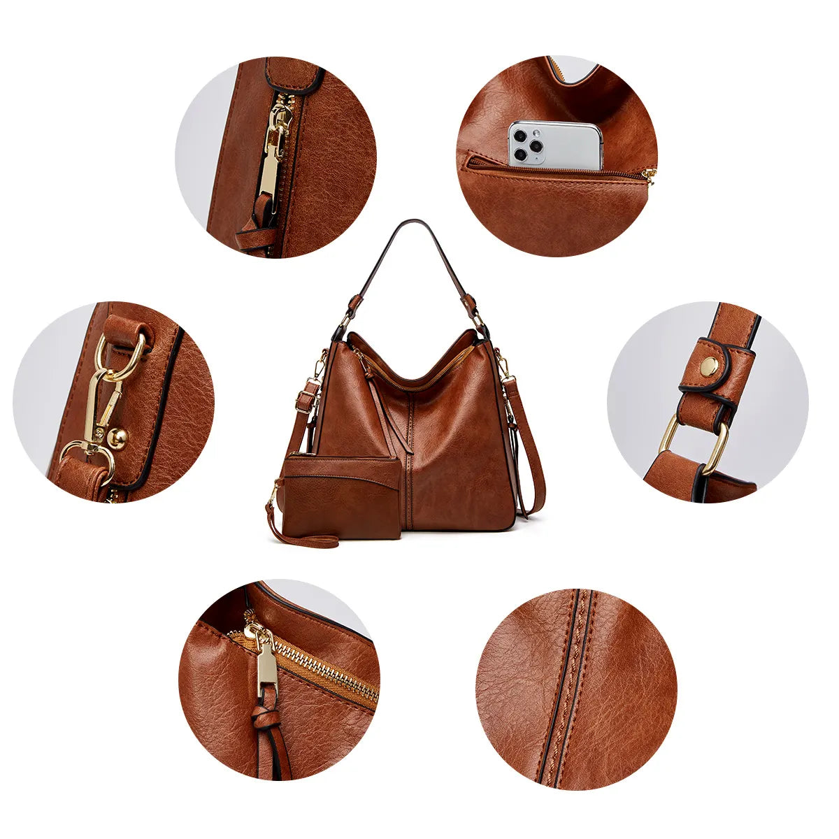 Hobo Handbag Water-Resistant Leather Hidden Anti-Theft Pocket & Matching Pouch