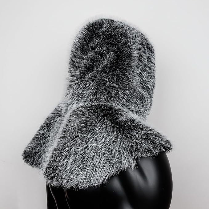 Hooded Cloak Vegan Faux Fur Warm Lining Wide Shoulder Trim