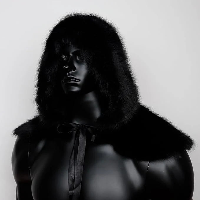 Hooded Cloak Vegan Faux Fur Warm Lining Wide Shoulder Trim