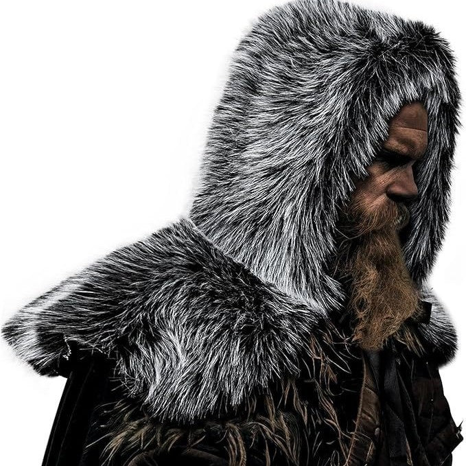 Hooded Cloak Vegan Faux Fur Warm Lining Wide Shoulder Trim