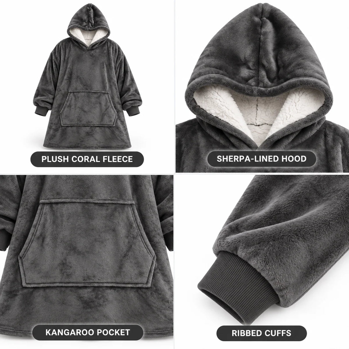 Hoodie Blanket Oversized Sherpa Fleece Hood & Front Pocket