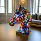 Horse Head Sculpture Multicolor Paint-Splatter Resin