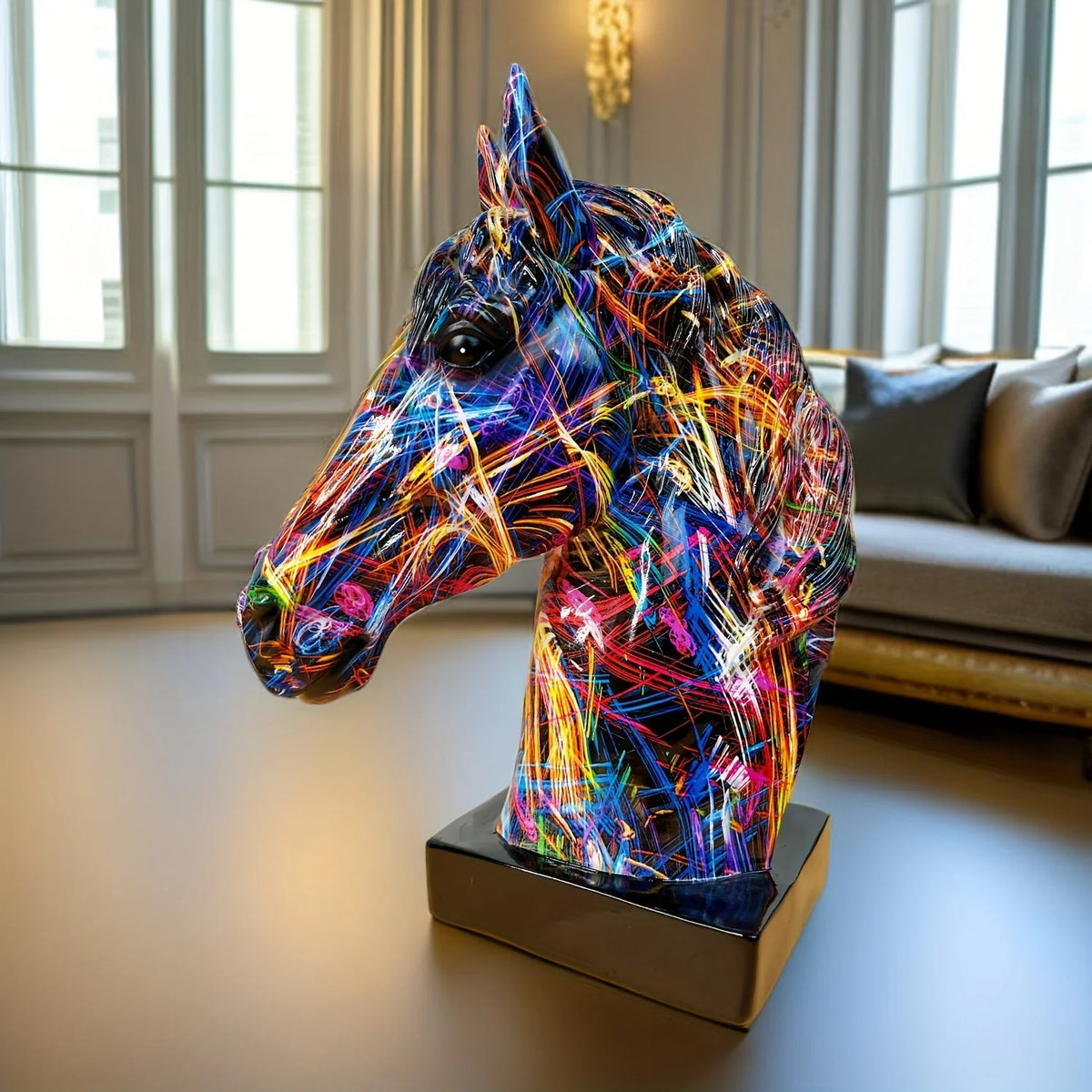 Horse Head Sculpture Multicolor Paint-Splatter Resin
