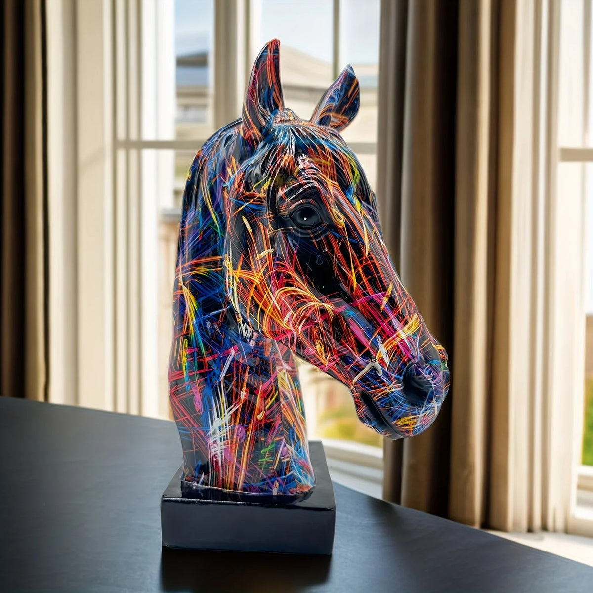 Horse Head Sculpture Multicolor Paint-Splatter Resin