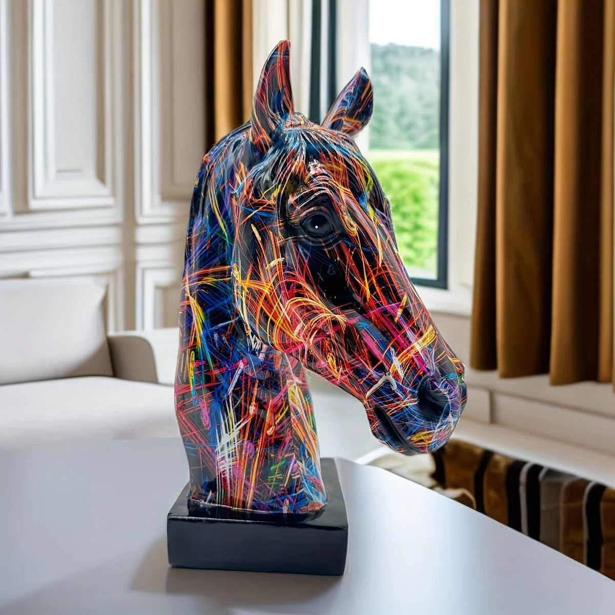 Horse Head Sculpture Multicolor Paint-Splatter Resin