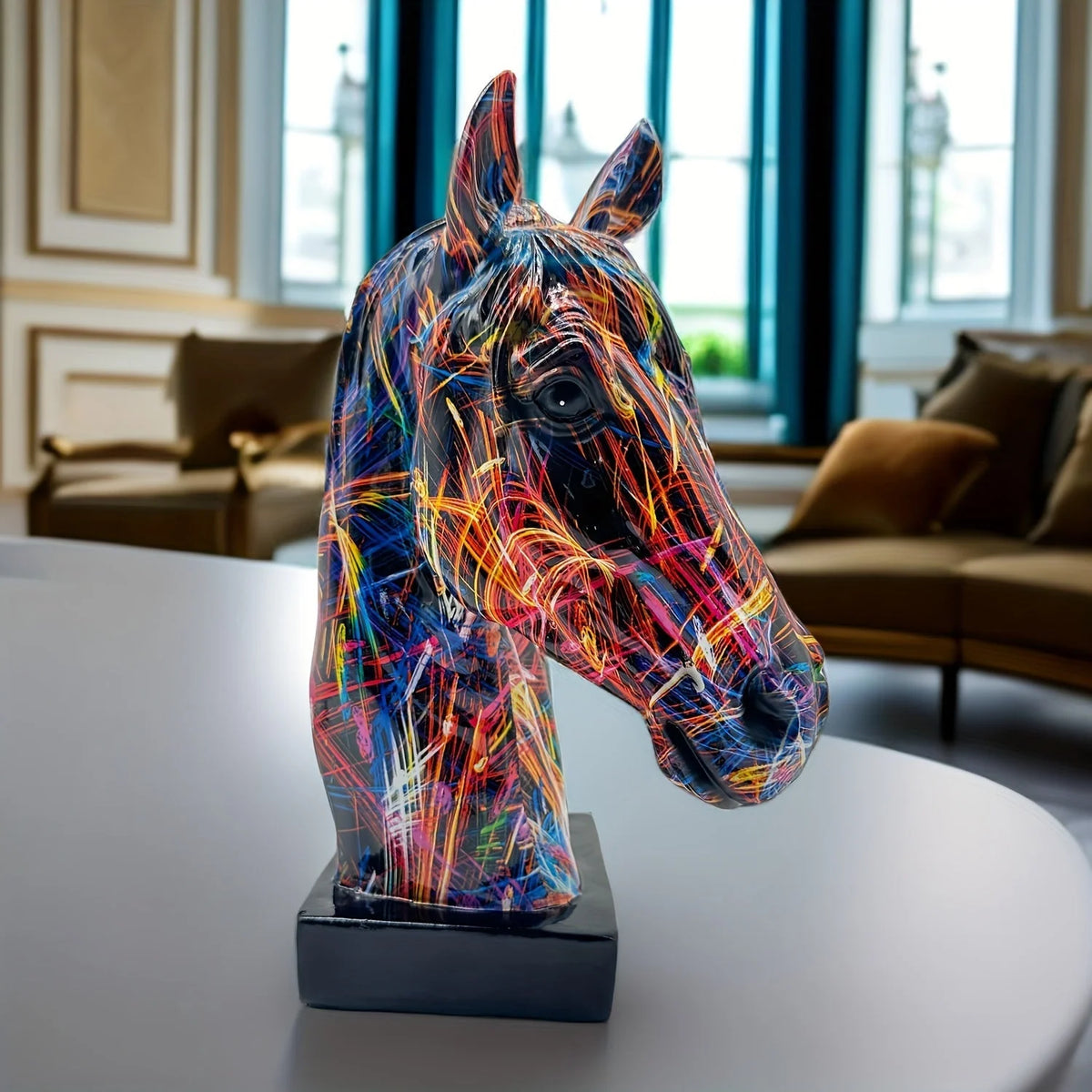 Horse Head Sculpture Multicolor Paint-Splatter Resin