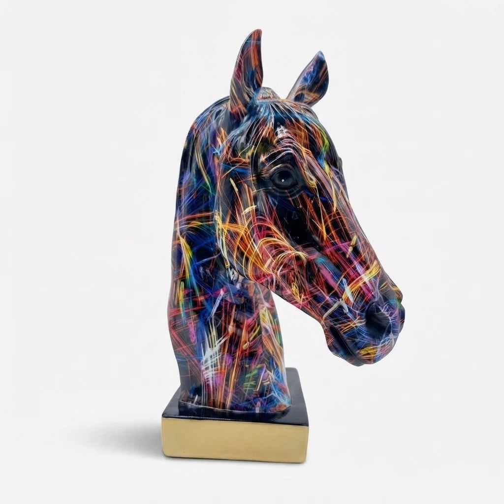 Horse Head Sculpture Multicolor Paint-Splatter Resin
