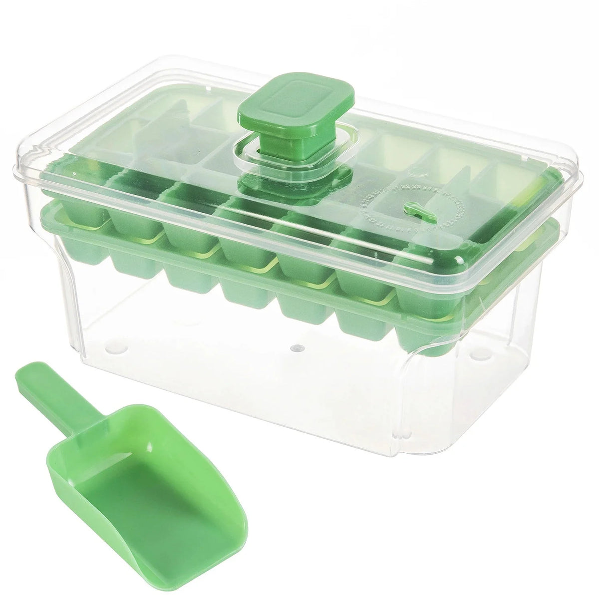 Ice Cube Tray Set Push-Button Release Storage & Scoop