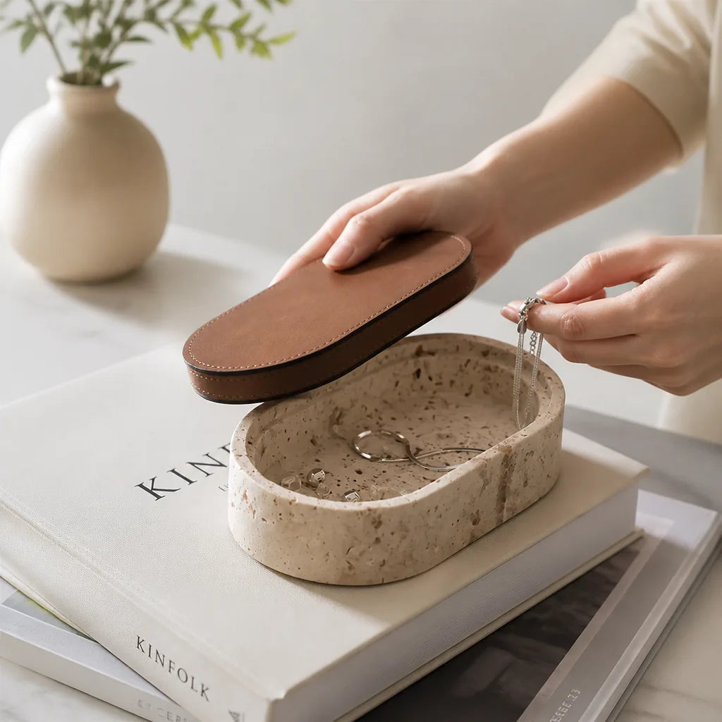 Jewelry Box Travertine Stone & PU Leather Lid