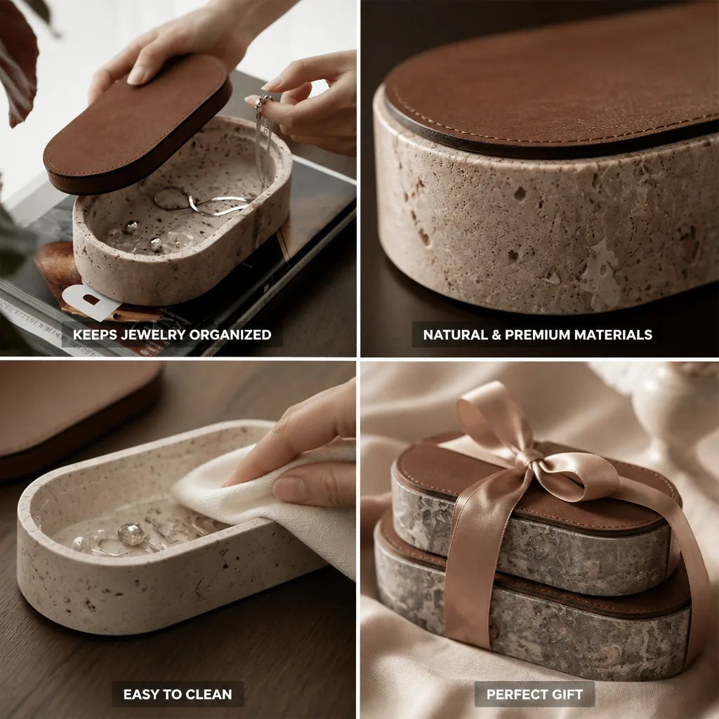 Jewelry Box Travertine Stone & PU Leather Lid