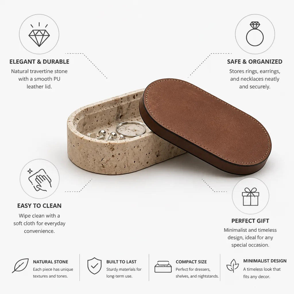 Jewelry Box Travertine Stone & PU Leather Lid