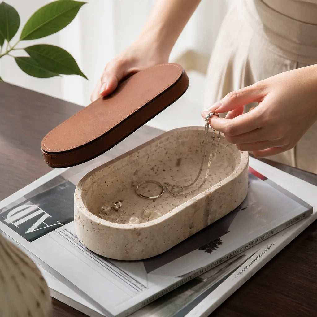 Jewelry Storage Box Travertine Stone & PU Leather Lid